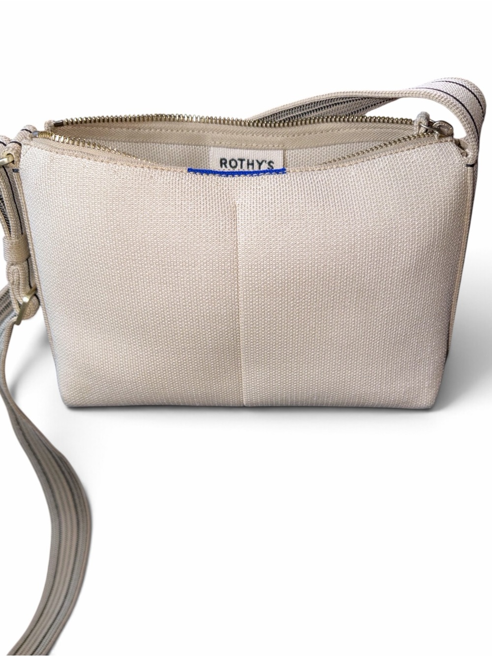 Rothy’s The Casual Crossbody Parchment Beige Knit Striped Strap Top Zip Bag